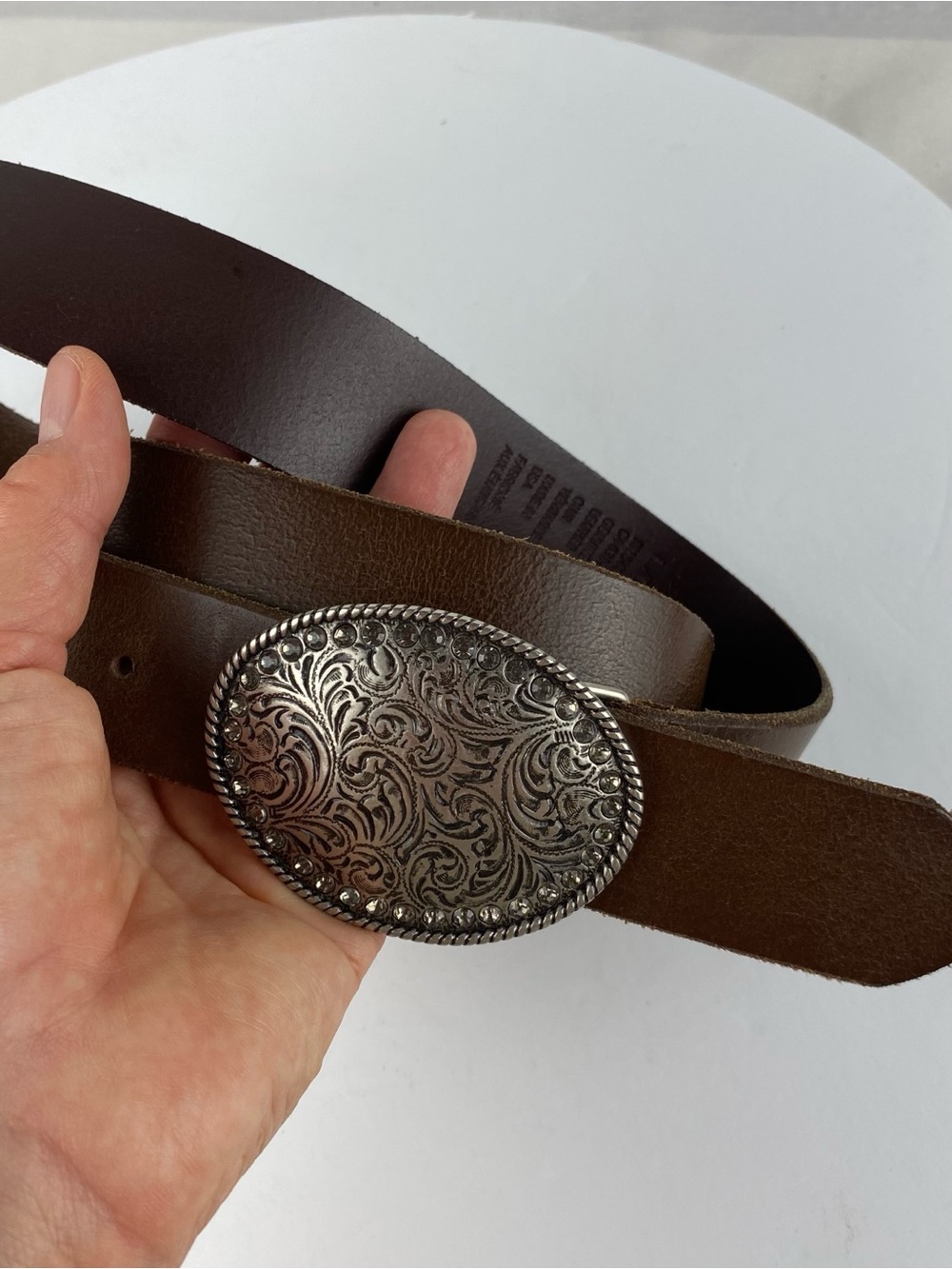 Brown Leather Women’s Western Belt with Ornate Silver Buckle